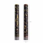 Doua tuburi de confetti aurii privite din unghiuri diferite cu sageti care indica lungimea de 40 de centimetri si diametrul de 5 centimetri.