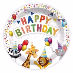 Set de farfurii rotunde din carton ilustrand animale din jungla cu coifuri de petrecere un panda o girafa un leu si un elefant sub mesajul colorat Happy Birthday