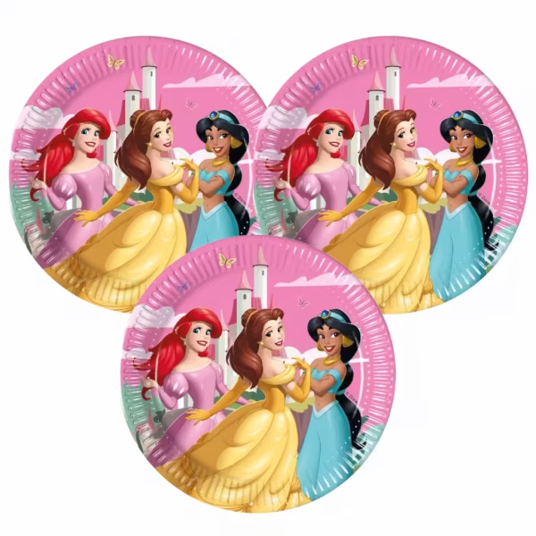 Farfurii din carton cu imprimeu Printesele Disney ilustrand personajele Ariel Belle si Jasmine pe un fundal roz decorat cu un castel fermecat