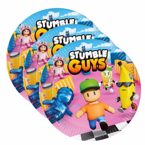 Farfurii din carton cu imprimeu Stumble Guys ilustrand personajele din joc precum ninja albastru si banana cu ochelari pe un fundal roz si albastru