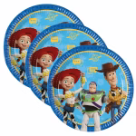 Farfurii din carton cu imprimeu Toy Story 5 ilustrand personajele Jessie Buzz Lightyear si Woody pe un fundal albastru cu margine tip rola de film cinematografic