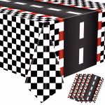 Fata de masa din plastic cu imprimeu tematic racing cu pista centrala de masini si margini in carouri alb cu negru asezata pe o masa lunga
