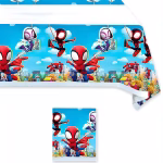 Fata de masa din plastic cu imprimeu tematic Spidey in actiune pe fundal albastru si zona centrala alba asezata pe o masa festiva
