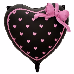 Balon Din Folie Metalizata In Forma De Inima Pe Fond Negru Cu Imprimeu De Inimioare Roz Si O Fundita Voluminoasa Aplicata In Colt