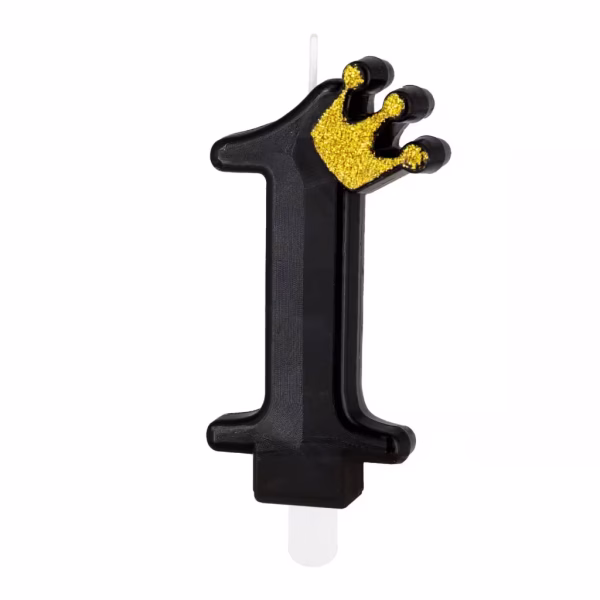 Lumanare de aniversare in forma cifrei unu design negru cu un detaliu sub forma de coroana regala aurie.