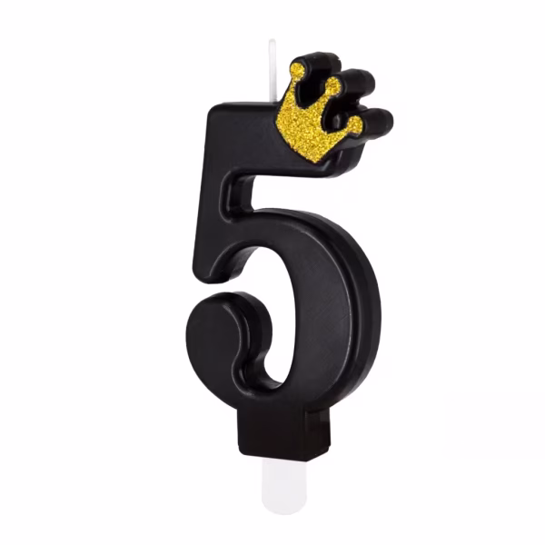 Lumanare pentru tort model cifra cinci cu design elegant negru si auriu.