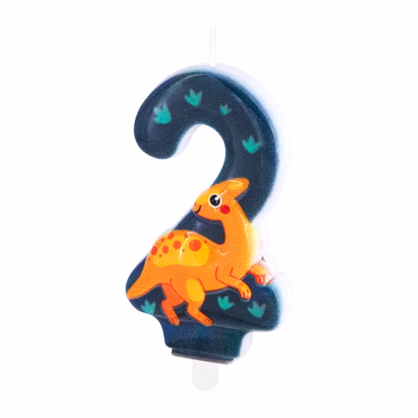 Lumanare de tort in forma cifrei 2 albastru inchis cu urme de pasi verzi si un dinozaur portocaliu Parasaurolophus.