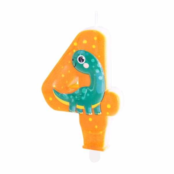 Lumanare de tort in forma cifrei 4 portocalie cu buline galbene si un dinozaur Brachiosaurus verde.