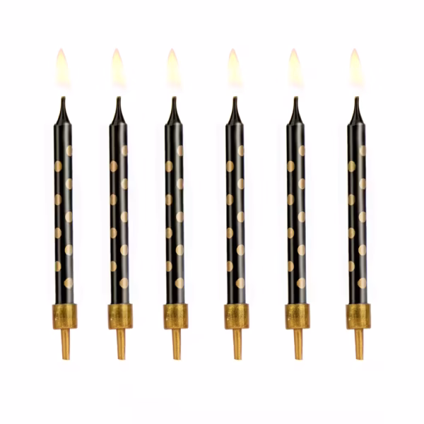 Lumanari Negre Cu Puncte Aurii Set 12 Bucati Sase lumanari negre aprinse decorate cu puncte aurii asimetrice si fixate in suporturi elegante aurii