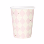 Set 6 Pahare Carton Roz Deschis 220ml Un pahar din carton alb decorat cu un model elegant în formă de romburi (harlequin) în nuanțe de roz deschis și crem, presărat cu puncte aurii.