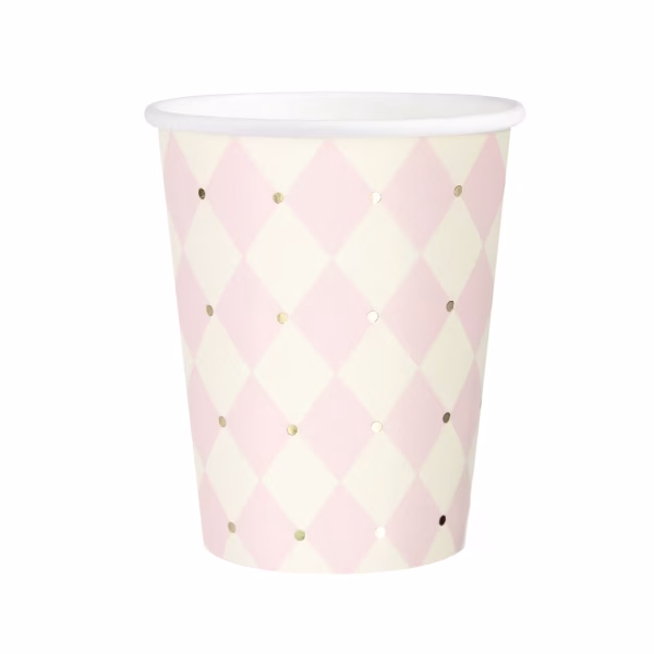 Set 6 Pahare Carton Roz Deschis 220ml Un pahar din carton alb decorat cu un model elegant în formă de romburi (harlequin) în nuanțe de roz deschis și crem, presărat cu puncte aurii.