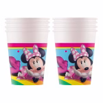 Pahare din carton cu imprimeu Minnie Mouse Rainbow ilustrand personajul Disney cu fundita roz pe un fundal in culorile curcubeului cu o margine alba superioara