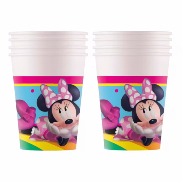 Pahare din carton cu imprimeu Minnie Mouse Rainbow ilustrand personajul Disney cu fundita roz pe un fundal in culorile curcubeului cu o margine alba superioara