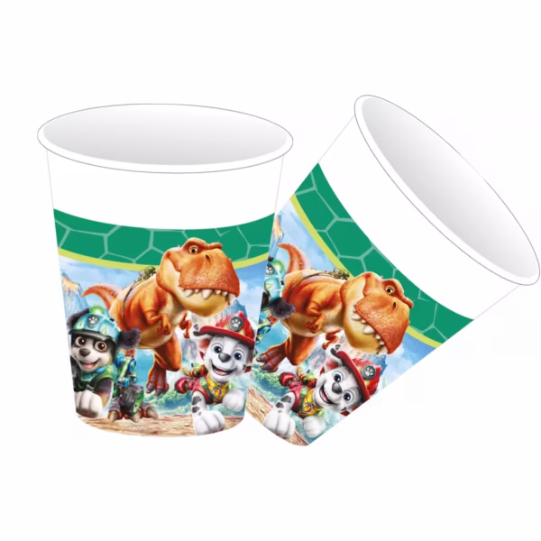 Pahar din carton cu imprimeu Patrula Catelusilor Dino ilustrandu i pe Marshall Chase si un dinozaur urias in jungla