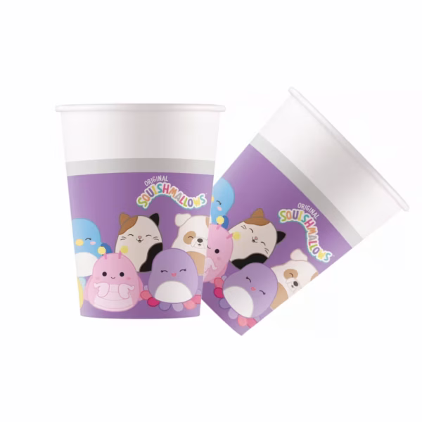 Pahare din carton cu imprimeu Original Squishmallows ilustrand personaje adorabile de plus pe un fundal mov cu o margine alba in partea superioara