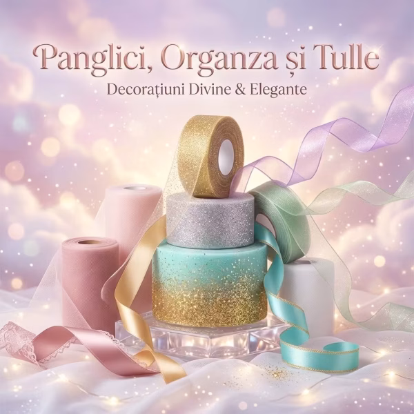 O imagine de categorie elegantă pentru un magazin de decorațiuni festive. Aranjamentul central prezintă o compoziție artistică cu role de panglici decorative și materiale textile. O structură supraetajată este realizată din role de panglică cu sclipici auriu, argintiu și turcoaz, alternate cu role de tulle roz prăfuit. Panglici satinate și sidefate în nuanțe de roz, turcoaz și violet flutură în jurul lor pe un fundal de vis pastelat cu lumini sclipitoare. Titlul 'Panglici, Organza și Tulle' și subtitlul 'Decorațiuni Divine & Elegante' sunt afișate clar în partea de sus a imaginii.