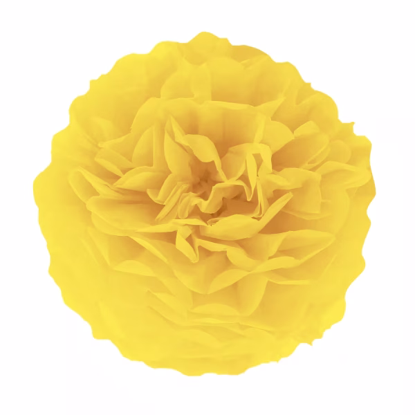 Pompom din hartie galben complet desfacut, creand o sfera voluminoasa si insorita perfecta pentru aranjamente de petrecere