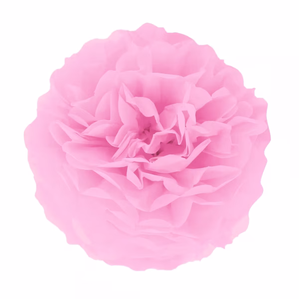 Pompom din hartie roz deschis complet desfacut, avand o forma sferica bogata si petale delicate, ideal pentru decoratiuni suspendate