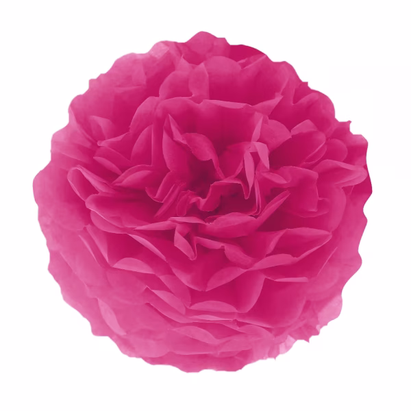 Pompom din hartie roz fuchsia complet desfacut, oferind o culoare intensa si o forma sferica texturata pentru decoruri spectaculoase