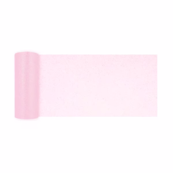 Rola Tul Roz Deschis Cu Sclipici 15 cm x 9 m Rola de tul roz deschis cu sclipici desfacuta partial pe un fundal alb pentru a arata transparenta si stralucirea materialului