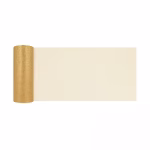 Rola Tul Auriu Cu Sclipici 15cm x 9m Rola de tul auriu cu sclipici desfacuta partial pentru a arata textura pretioasa pe un fundal alb.