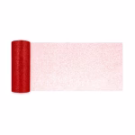Rola Tul Rosu Cu Sclipici 15cm x 9m Rola de tul rosu cu sclipici desfacuta partial pentru a evidentia culoarea pasionala pe un fundal alb