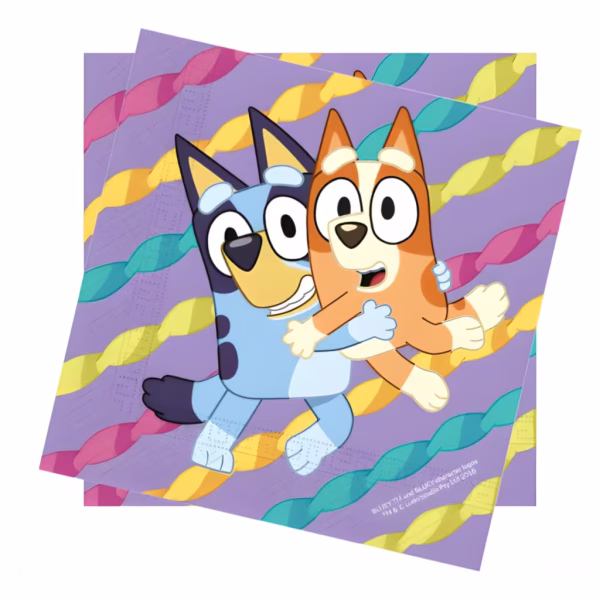 Servetel de masa din hartie cu imprimeu tematic Bluey ilustrand o imbratisare intre personaje pe un fundal mov cu panglici colorate