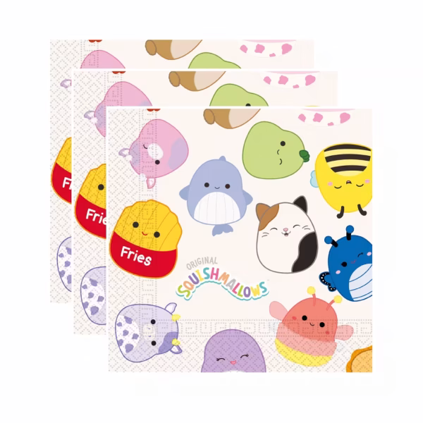 Servetele din hartie cu imprimeu Original Squishmallows ilustrand personaje simpatice in culori vii pe un fundal deschis cu motive subtile