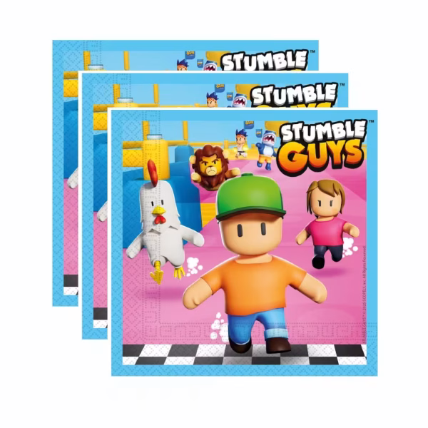 Servetele din hartie cu imprimeu Stumble Guys ilustrand personajele jocului video in cursa spre linia de sosire pe un fundal albastru cu logo oficial