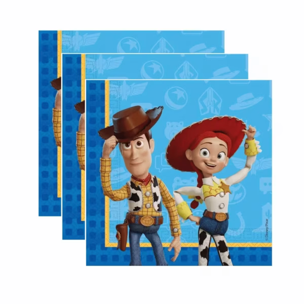 Servetele din hartie cu imprimeu Toy Story ilustrand personajele Woody si Jessie pe un fundal albastru cu margini decorative