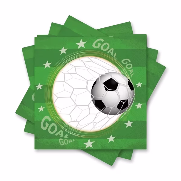 Set de servetele de masa cu design sportiv ilustrand o minge de fotbal in plasa portii incadrata de stele albe si mesajul GOAL pe un fundal verde dungat ca de gazon