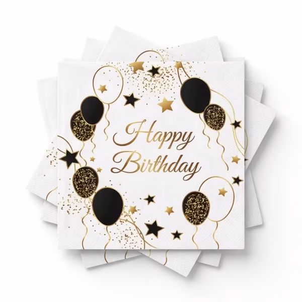 Set de servetele de masa pe fundal alb ilustrand central mesajul elegant Happy Birthday scris cu auriu, incadrat de un aranjament circular din baloane negre, albe si aurii cu sclipici, alaturi de stele si confetti