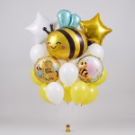 Set 15 Baloane Tematica Albinuta Aranjament festiv format din 15 baloane asortate incluzand o figurina gigant albinuta stele din folie baloane rotunde cu grafica si baloane latex galbene si albe.