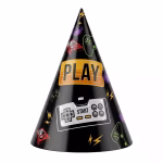 Set 6 Coifuri Petrecere Tematica Gaming Coif de petrecere negru cu design de gaming incluzand textul PLAY si grafica cu controllere de joc video