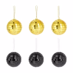 Set 6 Globuri Disco Cu Oglinzi Negru Si Auriu 7 Set complet format din 6 globuri disco acoperite cu mici oglinzi patrate, 3 in nuanta aurie si 3 in nuanta neagra, izolate pe fundal alb.