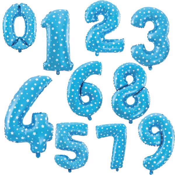 Balon Folie Cifra 0-9 Albastru Cu Stele 40cm Colectia completa de baloane din folie cifrele de la 0 la 9 in culoarea albastru vibrant decorate cu stelute albe