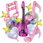 Set 13 Baloane Folie Tematica Disco K-Pop Set de baloane din folie cu tematica muzicala incluzand o chitara roz globuri disco note muzicale inimi iridescente si stele aurii