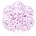 Buchet format din 5 baloane din latex transparent umplute cu confetti mov elegant si intens