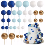 Set de sfere decorative pentru tort din polistiren lucios in nuante de auriu alb bleu si albastru de diferite dimensiuni