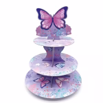 Suport etajat din carton pentru prajituri cu trei niveluri decorat in nuante pastelate de mov si ilustratii florale, avand o figurina mare sub forma de fluture in varf
