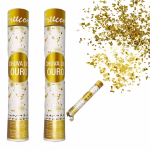 Tub de confetti de culoare alba cu detalii aurii lansand o ploaie de confetti dreptunghiulare din aluminiu auriu