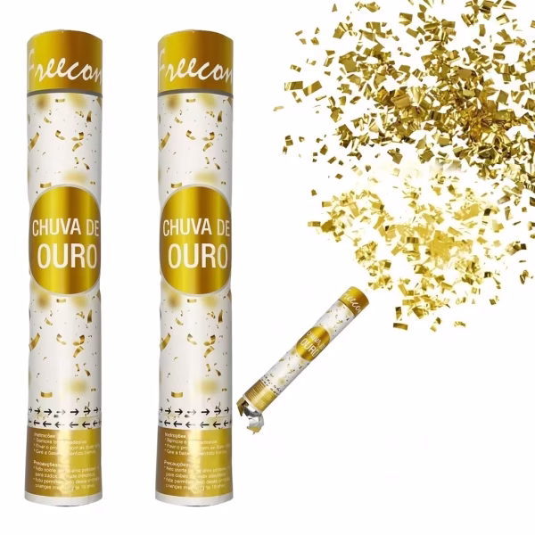 Tub de confetti de culoare alba cu detalii aurii lansand o ploaie de confetti dreptunghiulare din aluminiu auriu