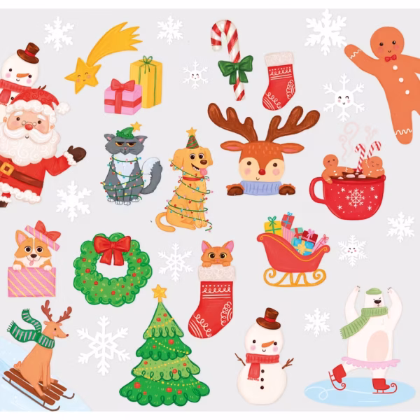 Set de 30 de autocolante pentru fereastra cu tematica de Craciun incluzand fulgi de nea, Mos Craciun, ren, om de zapada, brad, cadouri si animalute asortate festiv
