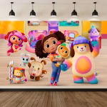 Mockup cu un background textil pentru panou foto ilustrand personajele din Casa de papusi a lui Gabi impreuna cu surioara Doozie si catelusii ei jucandu se in camera lor magica si plina de culoare