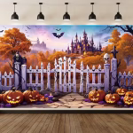 Mockup cu un background textil pentru panou foto de halloween ilustrand un peisaj de toamna misterios cu un castel impunator pe un deal lilieci zburand un gard de lemn vechi si dovleci sculptati luminati.