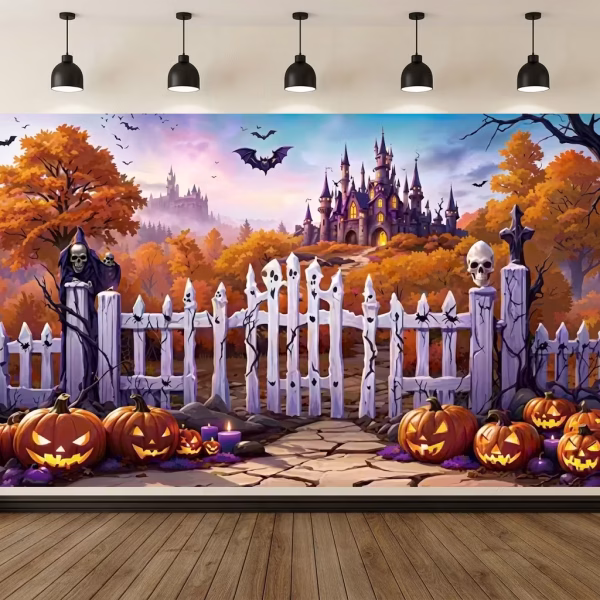 Mockup cu un background textil pentru panou foto de halloween ilustrand un peisaj de toamna misterios cu un castel impunator pe un deal lilieci zburand un gard de lemn vechi si dovleci sculptati luminati.