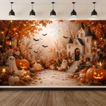 Mockup cu un background textil pentru panou foto de halloween ilustrand un peisaj de toamna luminos cu un castel alb o carare fantome adorabile lilieci panza de paianjen si dovleci luminati.