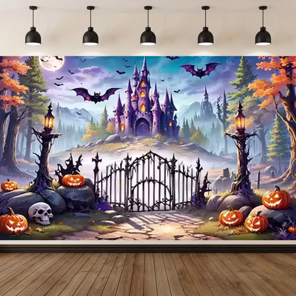Mockup cu un background textil pentru panou foto de halloween ilustrand un castel bantuit o poarta din fier forjat lilieci dovleci sculptati si un craniu sub lumina lunii.