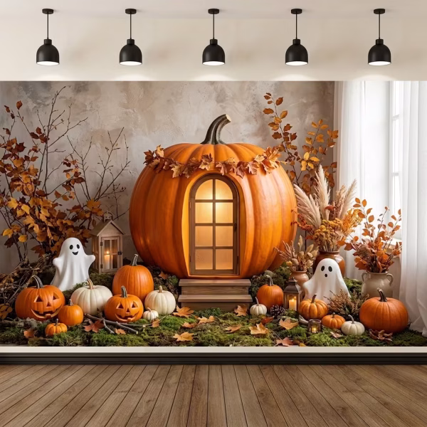 Mockup cu un background textil pentru panou foto de halloween ilustrand un dovleac urias transformat in casuta cu fereastra luminoasa fantome adorabile muschi verde si aranjamente florale de toamna.