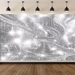 Mockup cu un background textil pentru panou foto ilustrand un design elegant cu efect 3D de paiete argintii stralucitoare si reflexii luminoase in valuri.